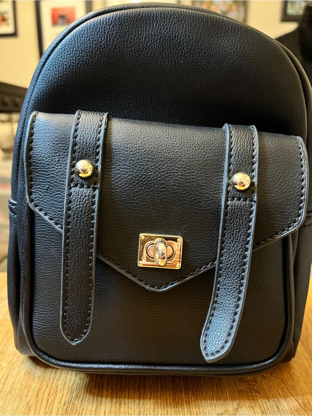Women's Black Mini Backpack with Gold Hardware